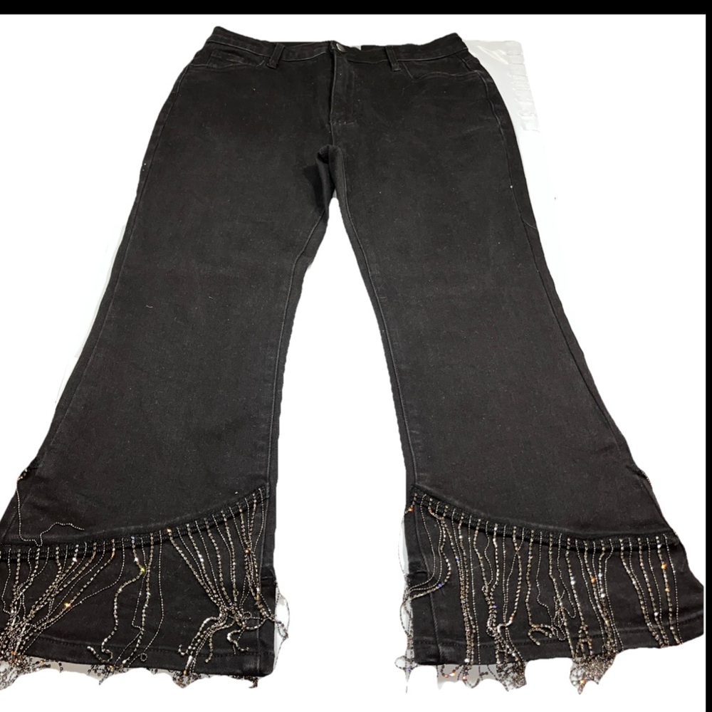 Blue B Collection NEW Black Beaded FRINGE Leg High-Waist Flared Jeans womens MED